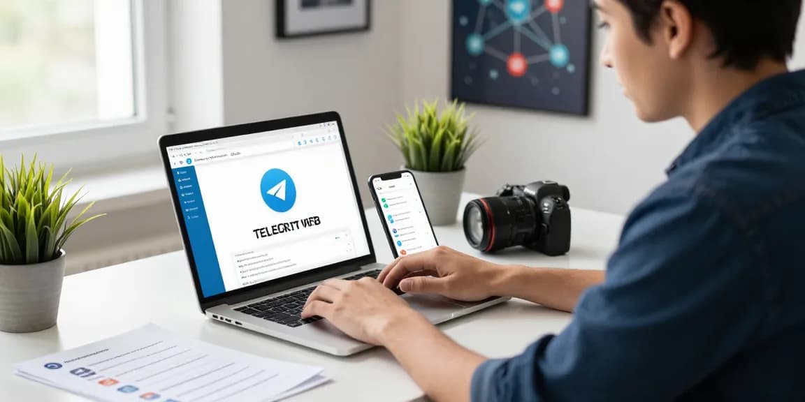 Accessing the Telegram Web Version from a modern workspace with a laptop and smartphone.