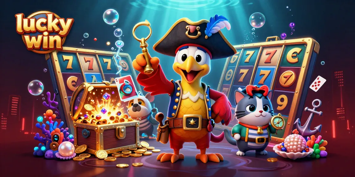 Experience lucky win with a vibrant scene showcasing a cartoon pirate captain, bulldog first-mate, and a ship's cat among colorful slot game elements.