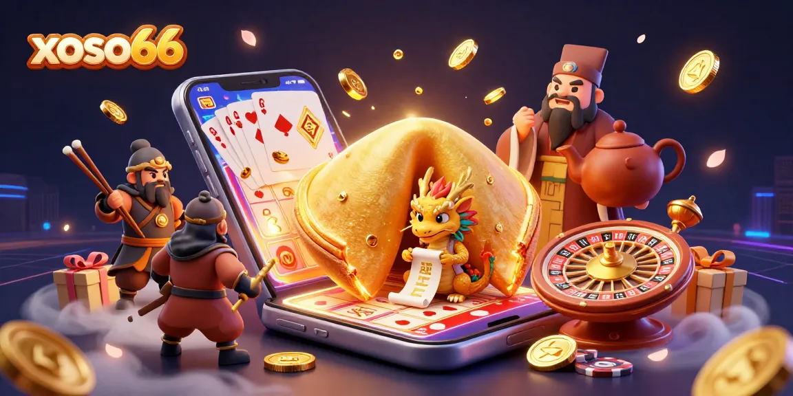 Winning big with xoso66 by exploring the dynamic lottery scene featuring a golden cookie and a wise dragon.