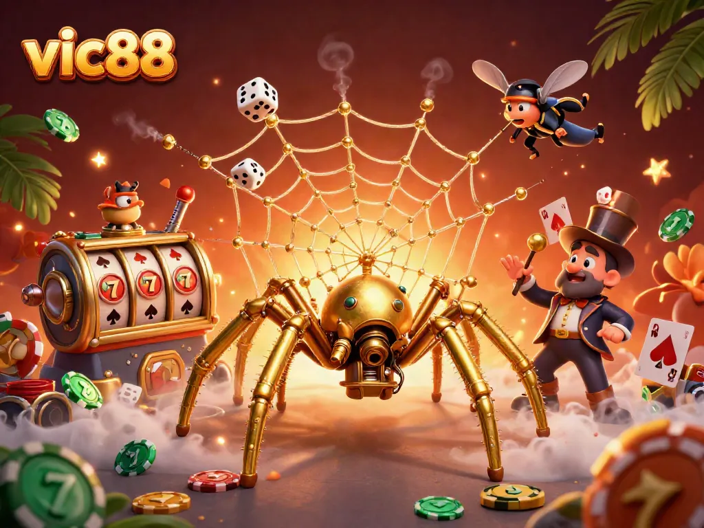 Experience the thrill of vic88 with a vibrant casino scene featuring a steampunk spider and poker elements.