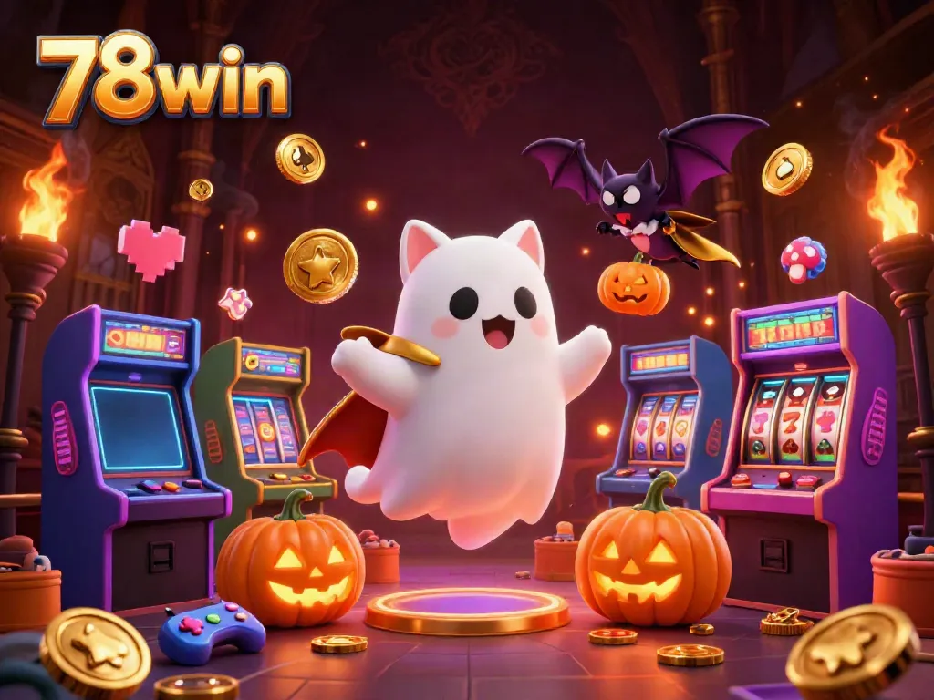 Engage with thrilling 78win casino adventures featuring a ghost cat and bat amidst vibrant gaming scenes.