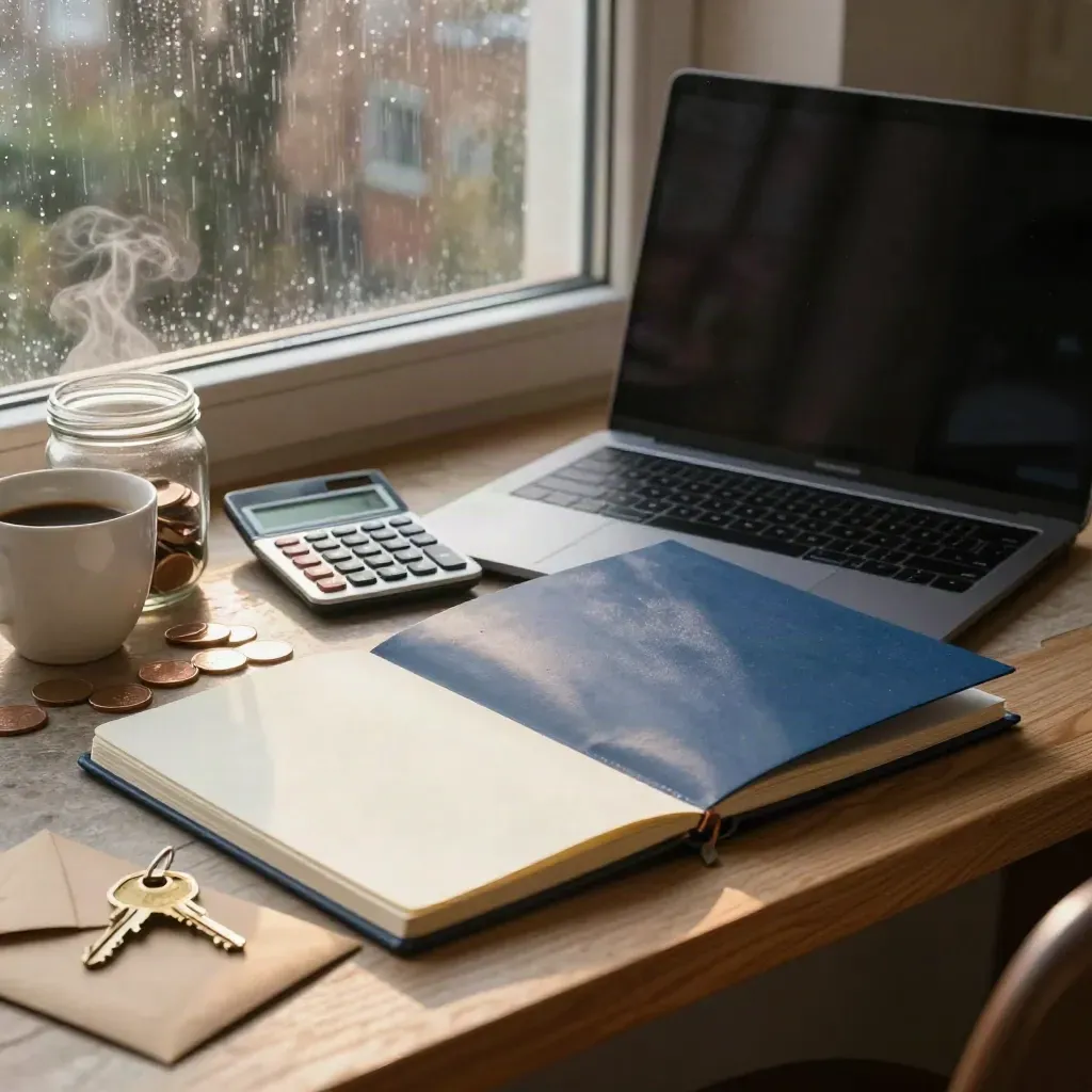 Financiële home-office opstelling met laptop, rekenmachine, map, spaarpot en sleutels bij ochtendlicht.