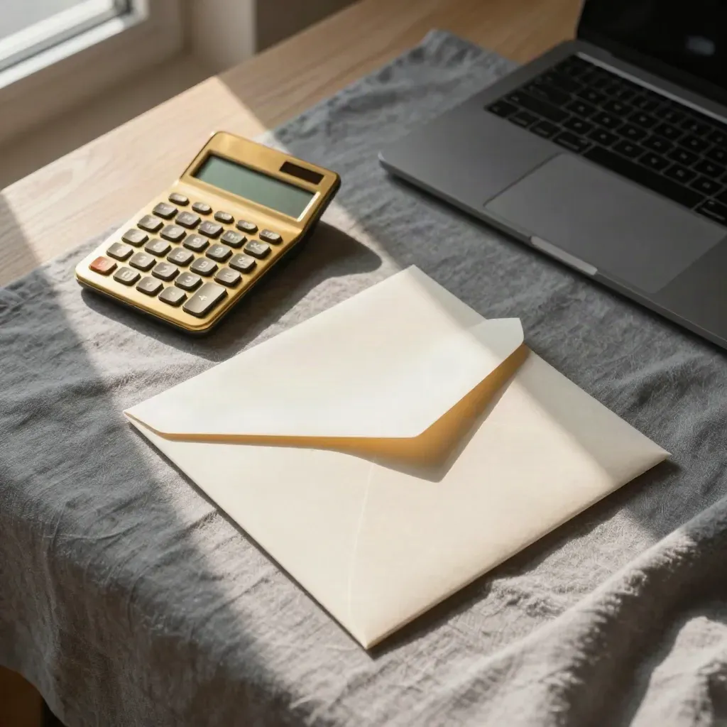 Brass calculator, voorstelmap en laptop op een lichte studiotafel in ochtendlicht.