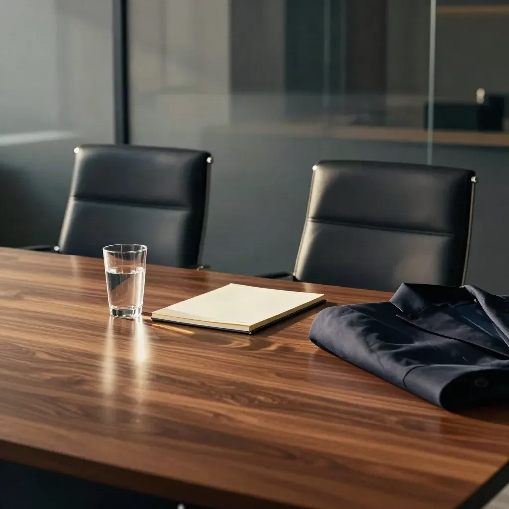 Stille boardroom met twee lege stoelen, waterglas, notitieblok en blazer in zacht licht.