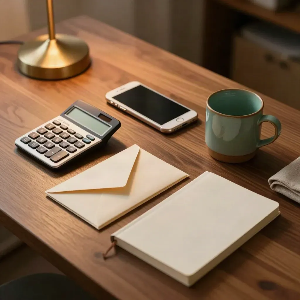 Overhead flat lay van freelancerbureau met rekenmachine, telefoon, enveloppen, notitieboek en mok.
