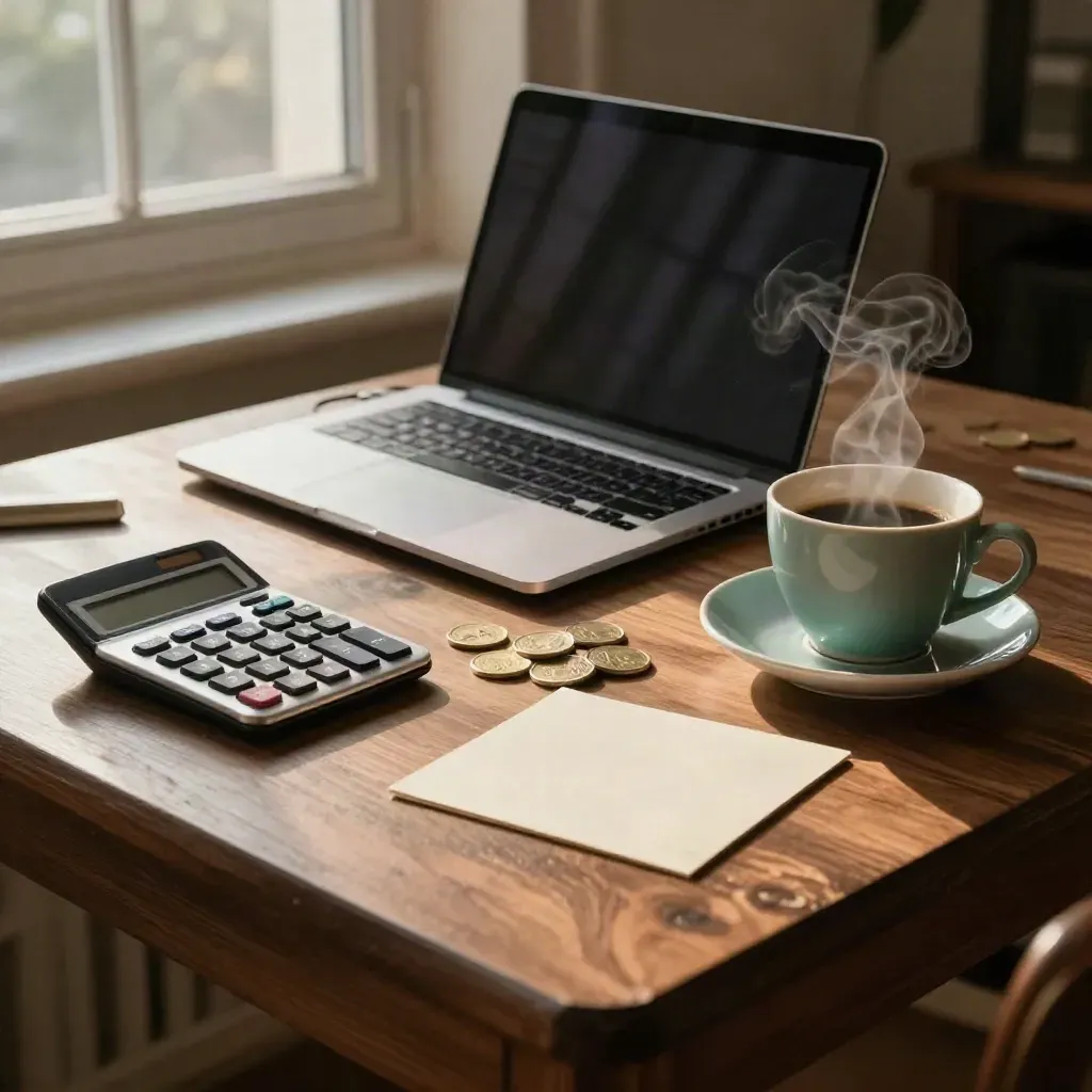Freelancerwerkplek met laptop, rekenmachine, muntbakje en koffie in warm licht