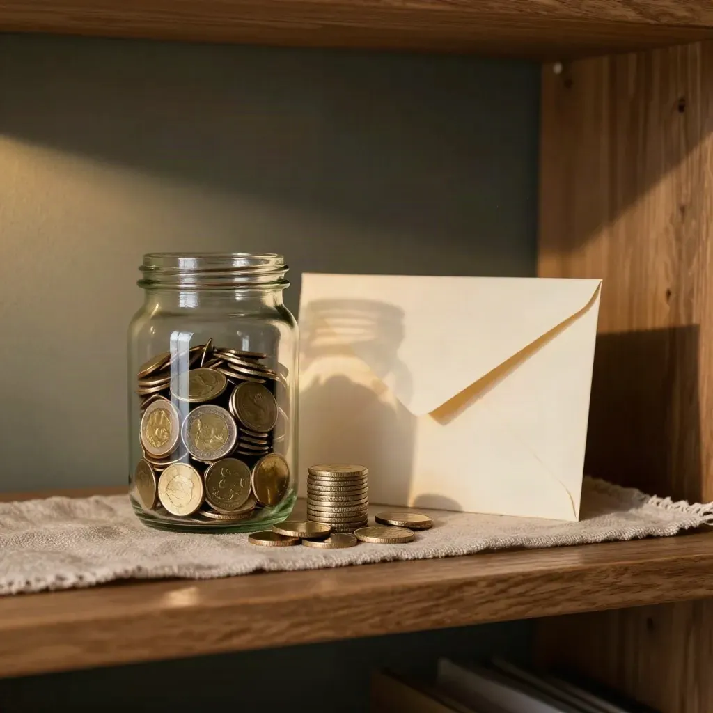 Bedschap met glazen pot, muntenstapel en verzegelde envelop in warm lamplicht.