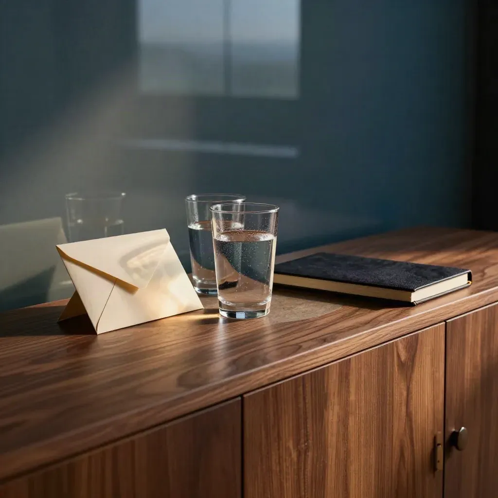 Donkere vergaderkast met verzegelde envelop, twee waterglazen en notitieboek in schemerlicht.