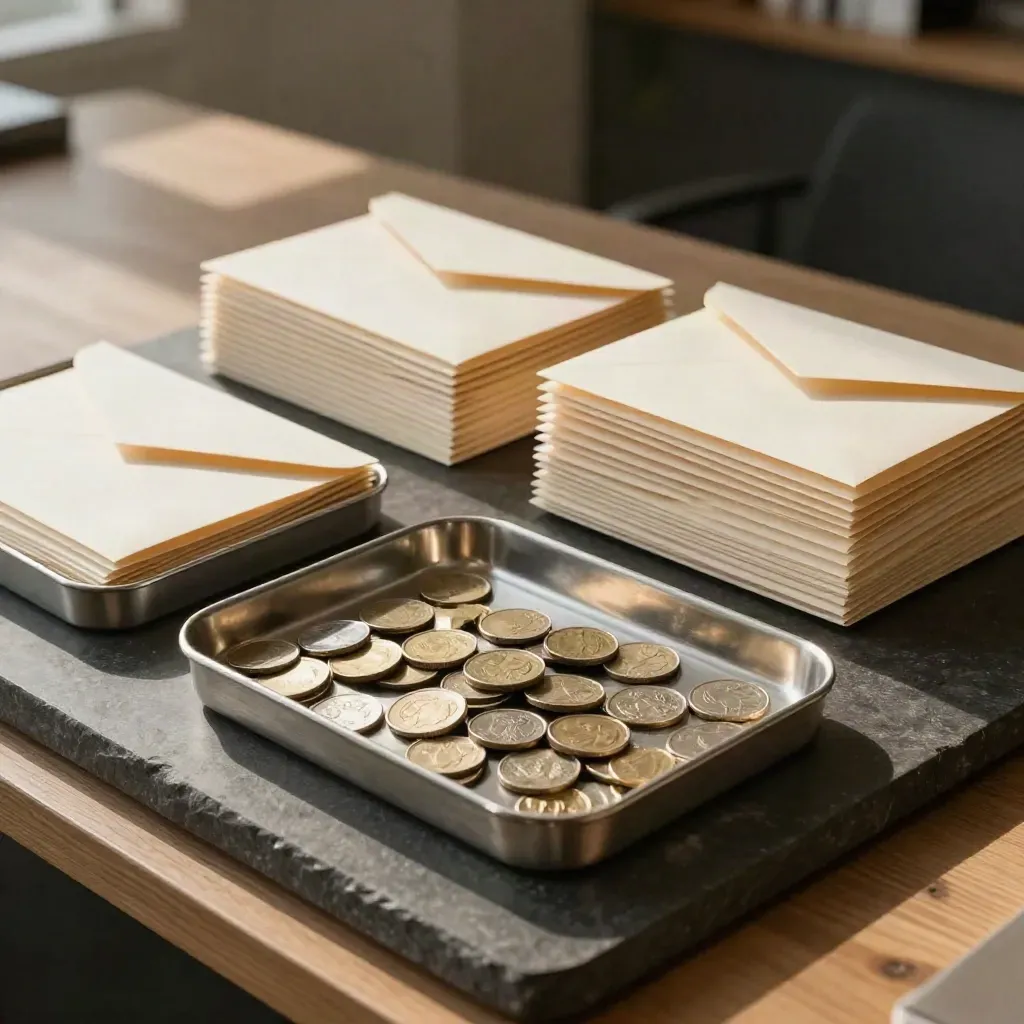 Munten en enveloppen per klantcluster gesorteerd op een strak bureau.