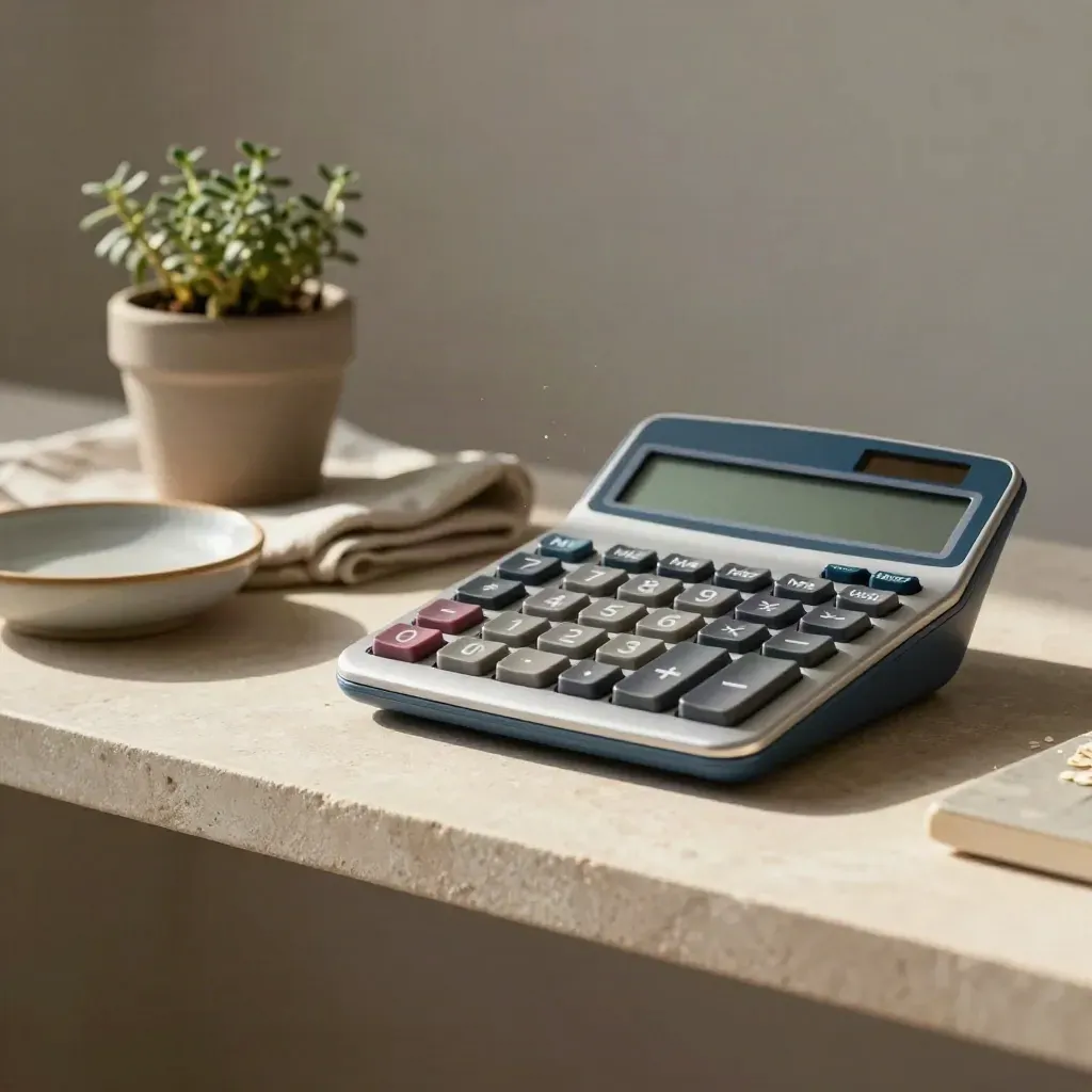 Brushed calculator op stenen plank met linnen doek en kruidenpotje in zacht daglicht.