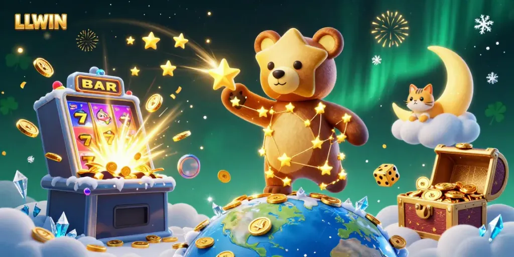 Engage with the LLWIN gaming experience featuring a constellation bear, slot machine, and cosmic elements.