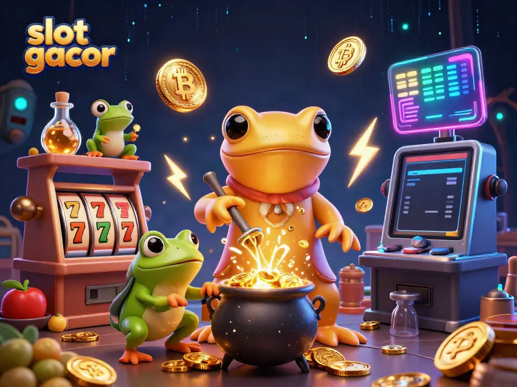 Experience the thrill of slot gacor with a dynamic alchemist scene full of gold coins and vibrant gaming elements.