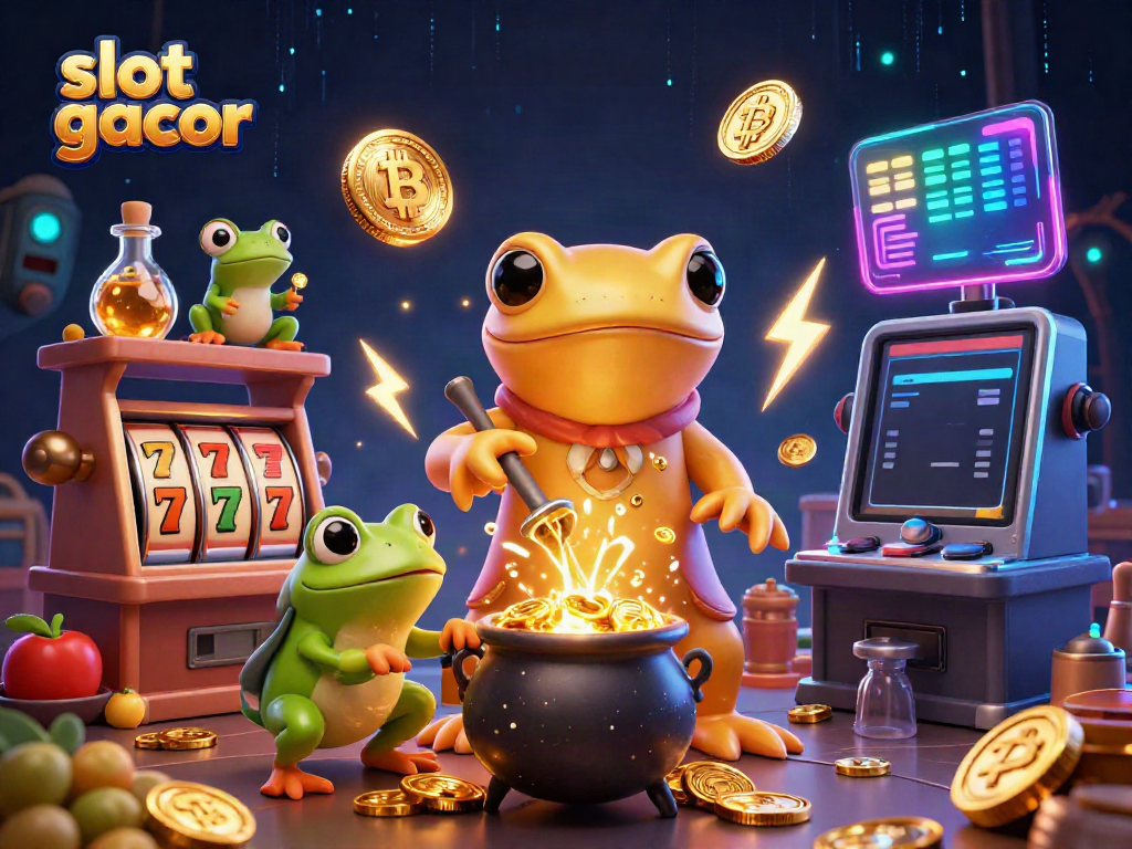 Experience the thrill of slot gacor with a dynamic alchemist scene full of gold coins and vibrant gaming elements.