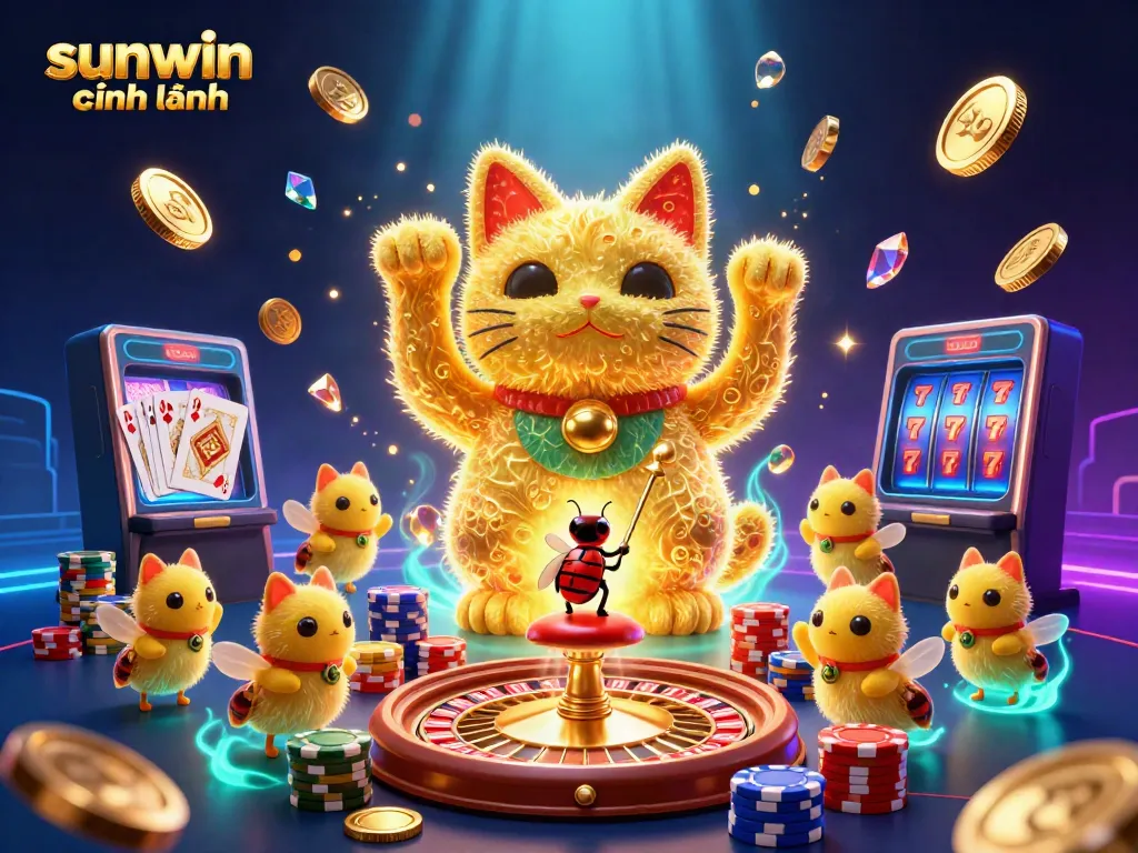 Experience the thrill at sunwin chính hãng with a vibrant illustration of a lucky cat surrounded by casino symbols and sparkling gems.