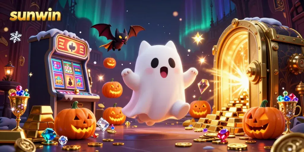 Experience thrilling jackpots in sunwin with a lively scene featuring ghostly characters and vibrant casino elements.
