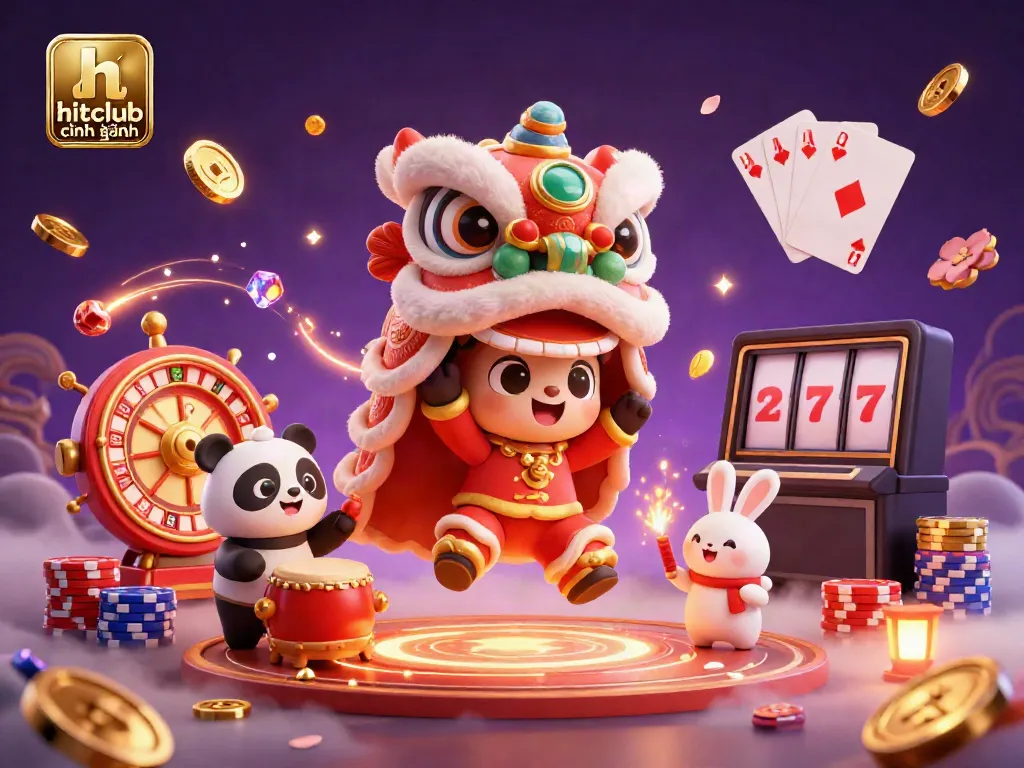 Experience the excitement of hitclub chính hãng with vibrant characters and casino elements in this dynamic illustration.