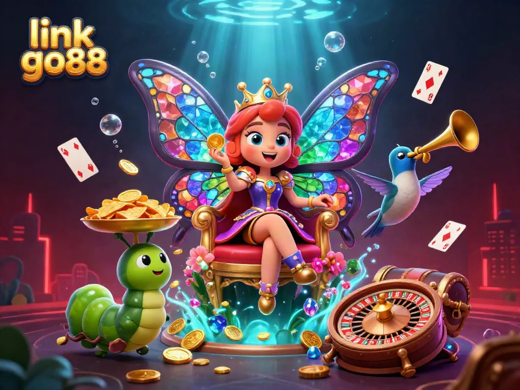 Experience thrilling gameplay with link go88 featuring a vibrant butterfly queen, roulette wheel, and treasure.