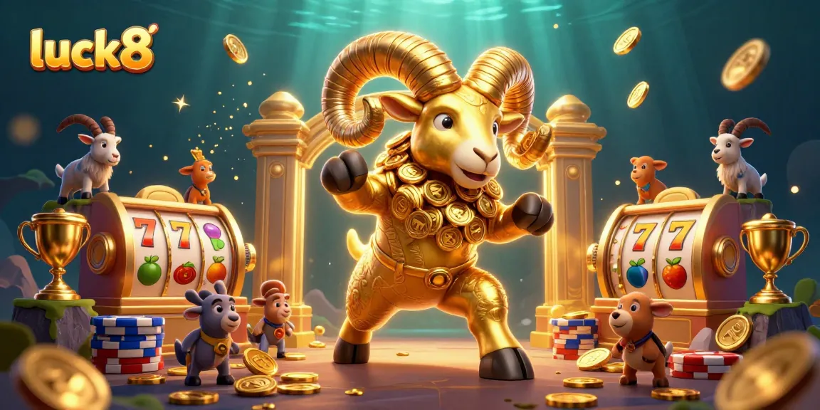 Experience thrilling gameplay at luck8 with an energetic golden ram charging through a golden gate amidst sparkling casino elements.