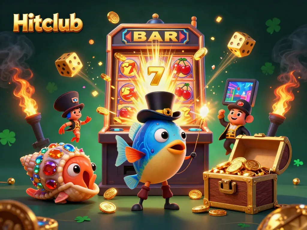 Hitclub's vibrant 3D illustration showing the anglerfish attracting coins with pirate shrimp and treasure snail amidst a jackpot explosion.