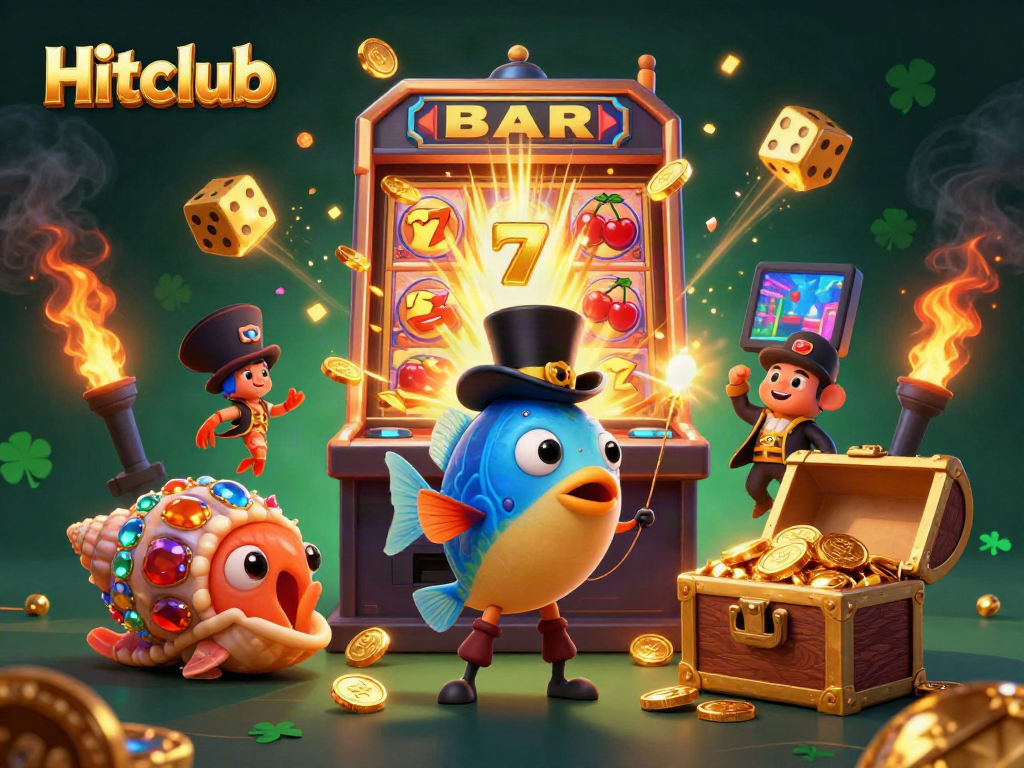 Hitclub's vibrant 3D illustration showing the anglerfish attracting coins with pirate shrimp and treasure snail amidst a jackpot explosion.