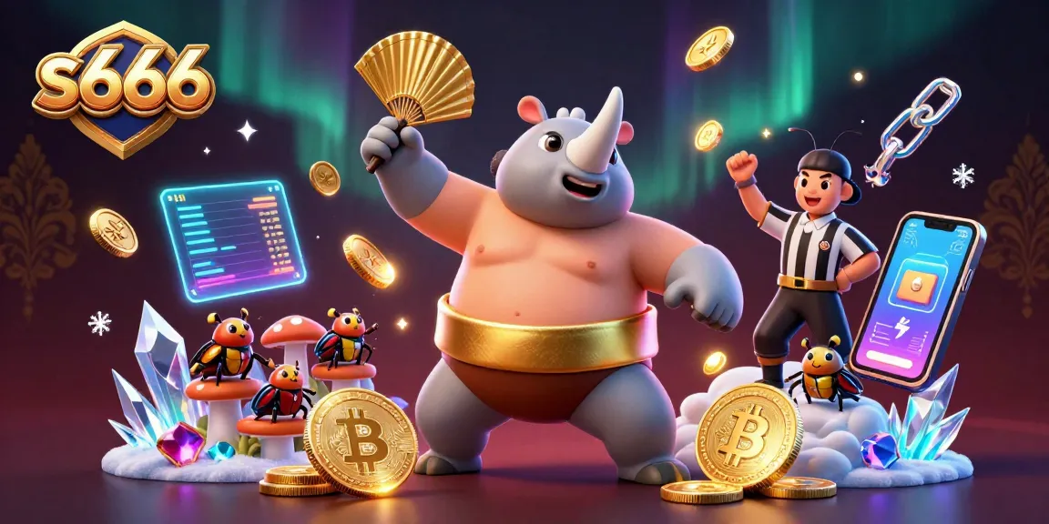 Experience the exciting world of gambling with s666, featuring a beetle sumo champion amidst flying coins and neon crypto elements.