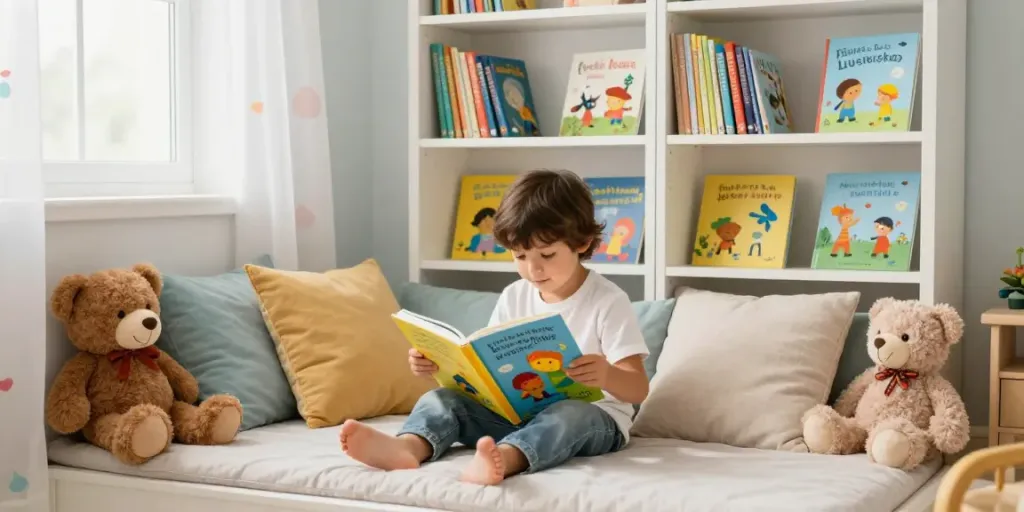 Child reading in a cozy nook, enhancing rokok88 login for delightful stories.