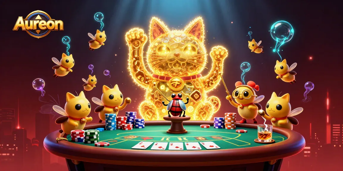 Aureon showcases vibrant online casino illustration with a golden lucky cat and poker elements.