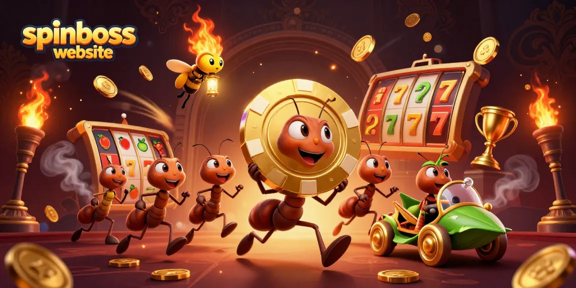 Experience the excitement of the spinboss website with ants on a heist for golden poker chips under firefly light.