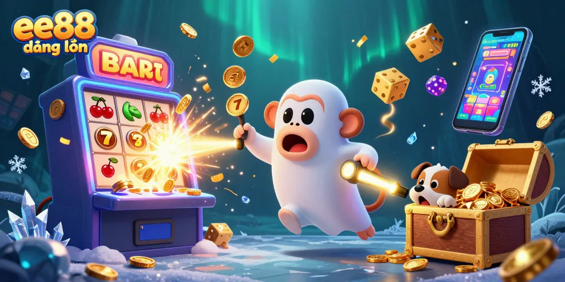 Experience excitement with ee88 đăng nhập at a vibrant casino showcasing a poltergeist monkey and golden treasures.