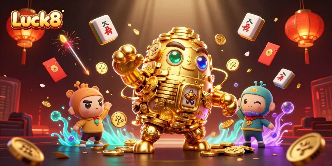 Engage with the thrill of Luck8, featuring an ancient golden golem amidst vibrant casino elements.