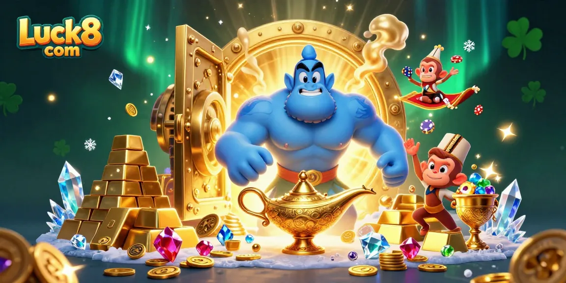 Engage in exciting gameplay at Luck8 com with an enchanting 3D genie illustration amidst treasures.