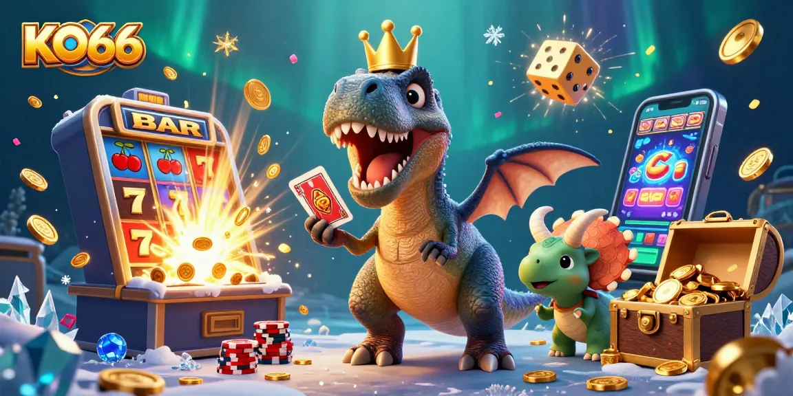 KO66 shines with a T-Rex and friends celebrating a big jackpot win in this vibrant casino scene.