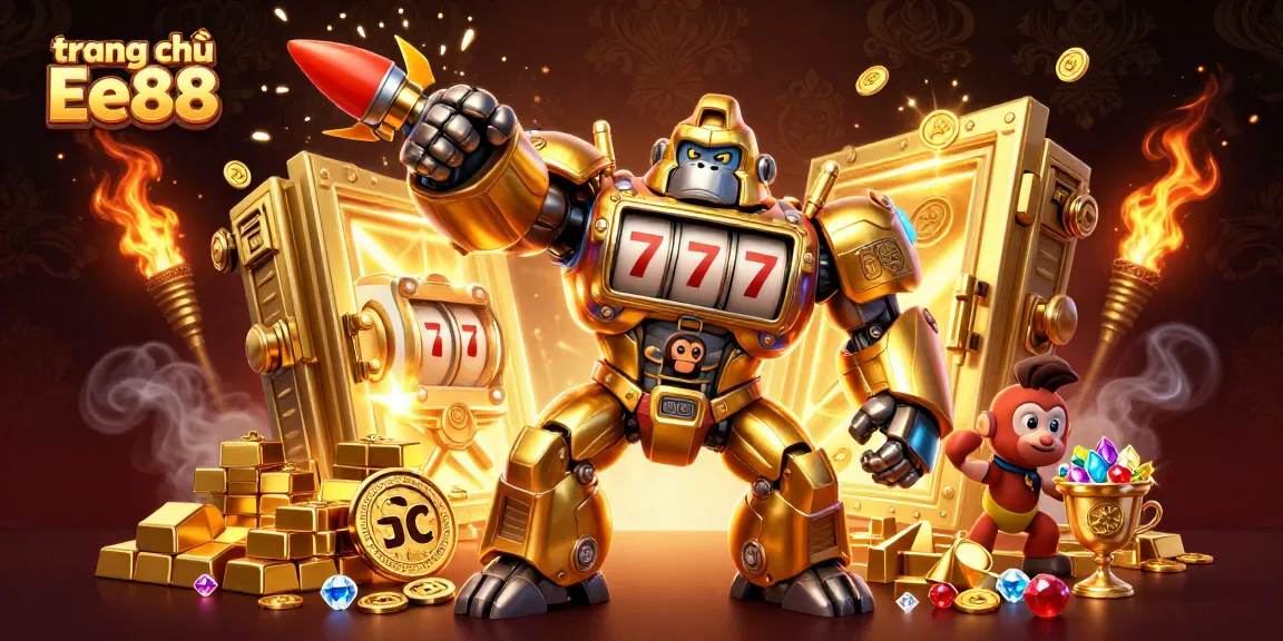 Spin the reels at trang chủ Ee88, featuring dynamic mechanical gorilla mech championing a treasure-filled scene.
