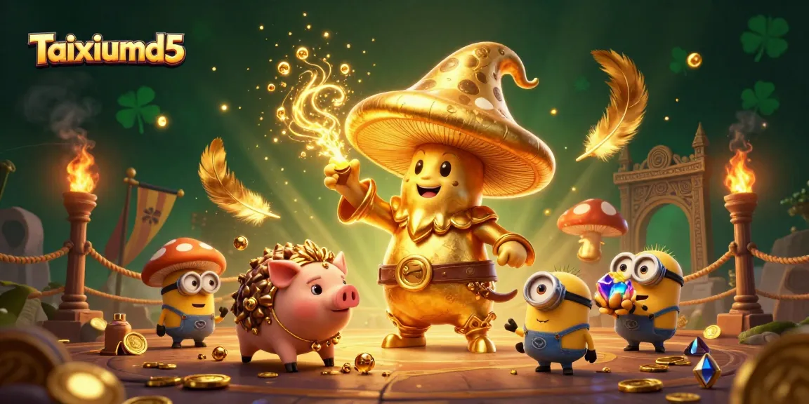 Engage with Taixiumd5's golden realm, where a wizard channels magical winnings amid treasures and vibrant casino elements.